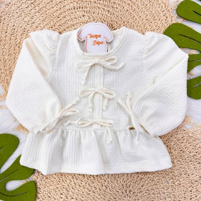  Conj. Batinha Manga Longa Anarruga Três Laços e Calça Floral - Areia